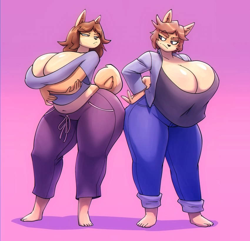 anthro big_breasts bottomwear breasts brown_hair cleavage clothed clothing denim denim_bottomwear denim_clothing duo female fully_clothed hair huge_breasts jeans looking_at_another mature_female pants pink_background shirt short_hair simple_background sweatpants thick_thighs topwear bigdad judy_(jinu) june_(jinu) canid canine canis domestic_dog mammal shiba_inu spitz 2021 hi_res daughter_(lore) mother_(lore) mother_and_child_(lore) mother_and_daughter_(lore) parent_(lore) parent_and_child_(lore) parent_and_daughter_(lore)