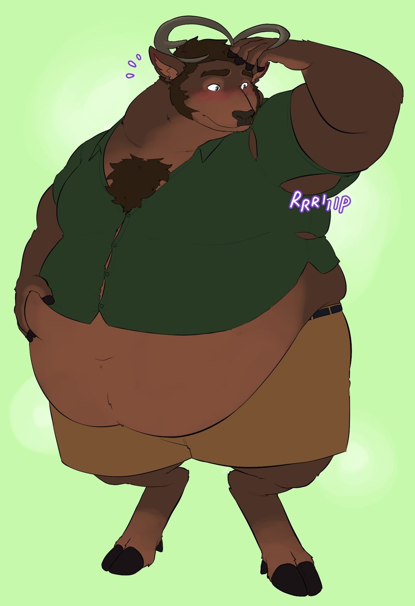 anthro antlers belly belly_overhang big_belly blush brown_body brown_fur button_(fastener) chest_tuft clothed clothing embarrassed fur hand_on_belly hand_on_head hooves horn male moobs obese obese_anthro obese_male overweight overweight_anthro overweight_male solo sound_effects standing straining_buttons text tight_clothing torn_clothing tuft aceaximeck gehart cervine deer mammal red_deer english_text hi_res