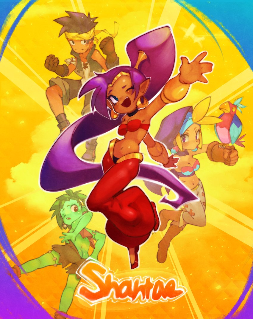 belly_dancer bottomwear butt clothing ear_piercing female gloves group hair handwear humanoid_pointy_ears male midriff one_eye_closed open_mouth open_smile piercing pointy_ears ponytail rear_view shorts smile wink onimiere shantae_(series) wayforward bolo_(shantae) rottytops shantae sky_(shantae) genie human humanoid mammal undead zombie absurd_res hi_res