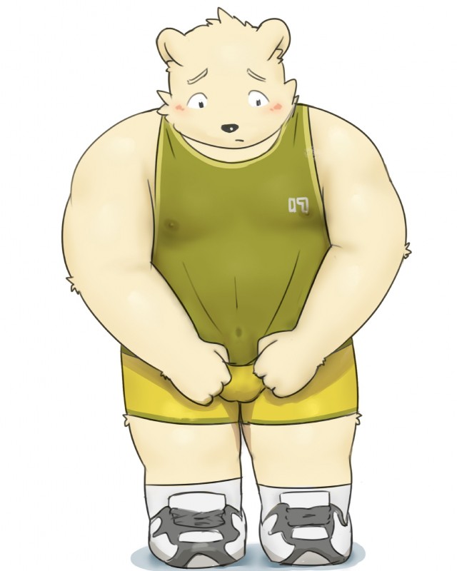 anthro belly blush bottomwear bulge clothing embarrassed fur genitals male moobs navel nipples overweight overweight_anthro overweight_male penis shirt shorts simple_background solo topwear white_background white_body white_fur neiiio bear mammal 2019 hi_res