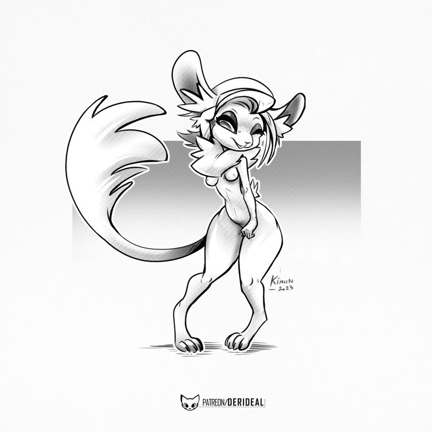 anthro breasts claws curled_hair ears_up eyelids female fluffy fluffy_tail hair letters neck_tuft nude one_eye_closed shadow simple_background solo symbol tail text thick_thighs tuft white_background wink kiaun derideal mammal rodent 1:1 2023 black_and_white digital_drawing_(artwork) digital_media_(artwork) english_text hi_res monochrome shaded signature sketch url