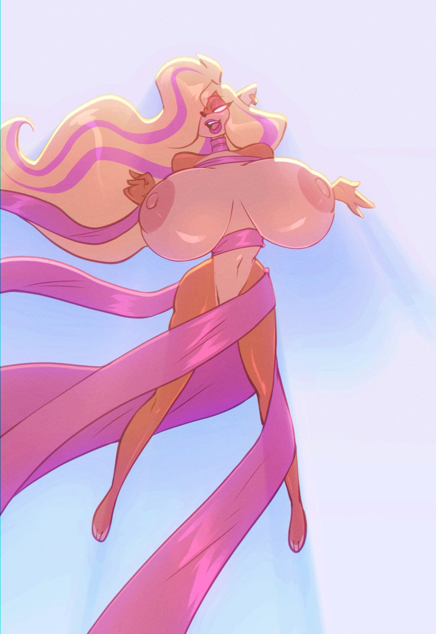 anthro areola big_breasts biped blonde_hair breasts ear_piercing feet female fingers front_view hair huge_breasts multicolored_hair nipples open_mouth piercing pink_hair simple_background solo thick_thighs toes two_tone_hair bigdad activision crash_bandicoot_(series) tawna_bandicoot bandicoot mammal marsupial hi_res