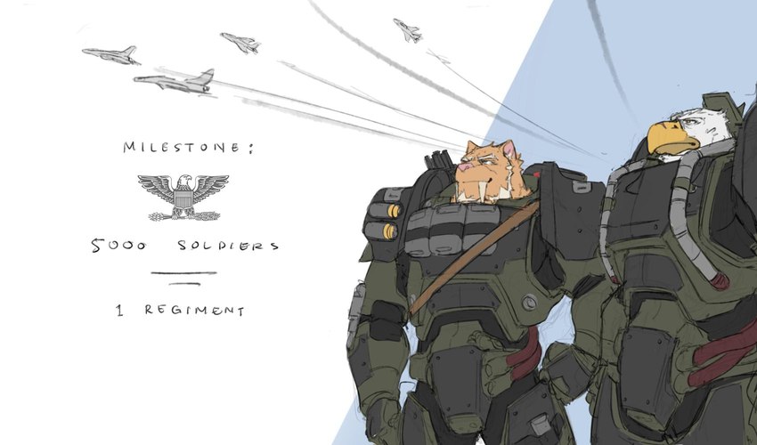 aircraft airplane anthro armor beak beak_scar cable cuisse duo eye_scar facial_hair facial_scar fangs feathers fur gatling_gun green_armor green_eyes gun hair jet logo machine machine_gun male pink_nose power_armor ranged_weapon sabertooth_(anatomy) scar shoulder_cannon simple_background snout tan_body tan_fur teeth teeth_showing text vehicle weapon weapon_on_back white_body white_feathers white_hair yellow_beak yellow_eyes saberzelgrath rocco_schroeder_(saberzelgrath) saber_zelgrath_(character) accipitrid accipitriform avian bald_eagle bird eagle felid mammal prehistoric_species saber-toothed_tiger sea_eagle smilodon smilodon_fatalis hi_res