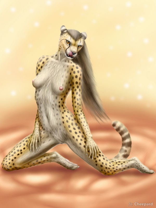 anthro breasts female genitals hair licking long_hair looking_at_viewer navel nipples pose pussy solo tongue tongue_out yellow_eyes cheepard cheetah felid feline mammal 3:4 hi_res