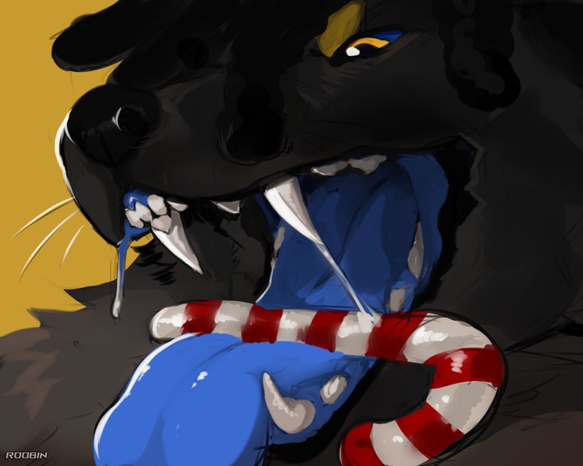 anthro arm_tuft black_hair blue_sclera blue_tongue bodily_fluids candy candy_cane dark_body dark_fur dessert dreadlocks food fur grey_body grey_fur hair male mouth_shot open_mouth saliva saliva_string sharp_teeth shoulder_tuft simple_background solo teeth tongue tongue_out tuft yellow_background yellow_eyes roobin wolfwireless_(character) canid canine canis mammal wolf 5:4 artist_name bust_portrait portrait