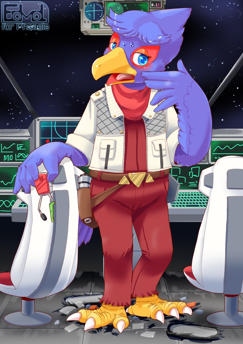 avian_feet blue_body blue_feathers bottomwear clothing communicator cosplay feathers feet holstered_pistol jacket male pants red_bottomwear red_clothing red_pants spacecraft star talons text toes topwear torn_clothing transformation vehicle white_clothing white_jacket white_topwear edmol nintendo star_fox falco_lombardi pheagle avian bird caracara falcon falconid 2023 english_text hi_res