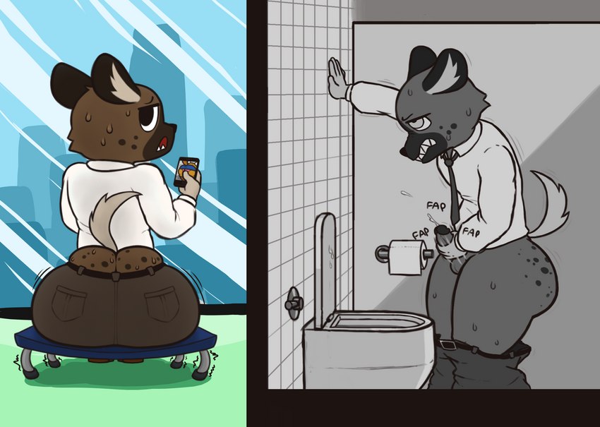 angry anthro aroused at_work balls bathroom belt bench big_butt bodily_fluids bottom_heavy bottomless bottomless_male bottomwear bottomwear_down brown_body brown_bottomwear brown_clothing brown_fur brown_pants building business_attire businesswear butt cellphone clothed clothing cum cum_on_toilet detailed_background ejaculation electronics erection footwear fur furniture genital_fluids genitals glass grey_background greyscale_background hand_on_wall holding_object holding_phone huge_butt humanoid_genitalia humanoid_penis inner_ear_fluff light_tail looking_at_viewer looking_back looking_up male masturbation muttering necktie oblivious on_bench on_furniture open_mouth panties pants pants_down panty_shot partially_clothed penile penile_masturbation penis phone photo pockets public public_masturbation public_restroom raised_tail restroom_stall round_ears scrunched_nose shirt shoes simple_background sitting sitting_on_bench smartphone snout solo spots spotted_butt standing sweat tail text thick_thighs toilet toilet_bowl toilet_paper topwear tuft undersized_clothing underwear unprofessional_behavior wardrobe_malfunction zlut385 aggretsuko sanrio haida_(aggretsuko) retsuko ailurid hyena mammal red_panda spotted_hyena colored digital_drawing_(artwork) digital_media_(artwork) greyscale hi_res monochrome shaded