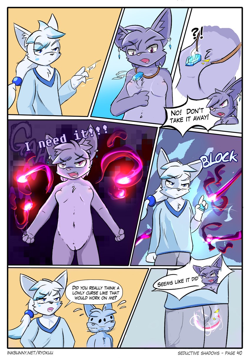 anthro blue_body blue_fur clothed clothing corruption dialogue female fur genitals group magic magic_user male nude purple_body purple_fur pussy text conditional_dnp paliken ryoku_(character) vaatari felid feline mammal comic english_text hi_res url