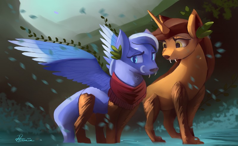 duo feral horn wings auroriia friendship_is_magic hasbro my_little_pony mythology fan_character equid equine hybrid mammal mythological_creature mythological_equine pegasus timberwolf_(mlp) unicorn absurd_res hi_res