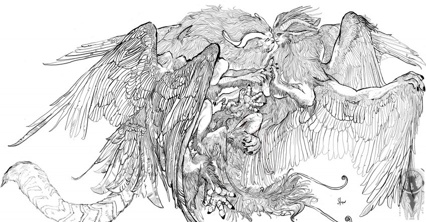 ambiguous_gender anthro biceps classical duo emotional eye_contact feathered_wings feathers feeling fur hair intersex intersex/intersex kissing looking_at_another male muscular muscular_male renaissance romantic romantic_couple surrealism wings diorionarh mythology deity demon humanoid unknown_species black_and_white line_art monochrome sketch