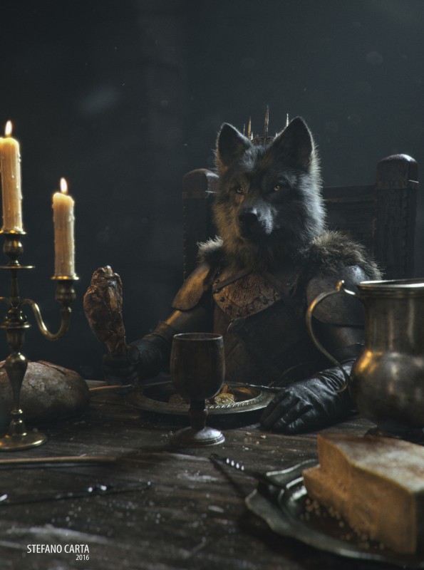 anthro anthrofied biped candle clothing crown detailed_food dinner fluffy food fur headgear male photorealism realistic royalty sitting solo stefano_carta game_of_thrones robb_stark canid canine canis mammal wolf 2016 3d_(artwork) absurd_res detailed digital_media_(artwork) hi_res