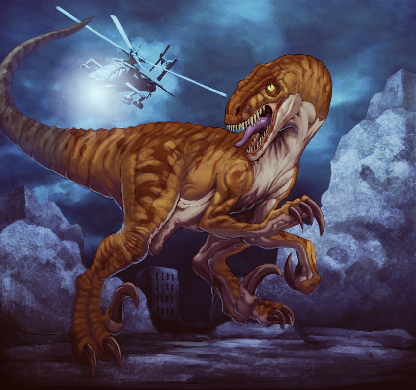 aircraft ambiguous_gender feet feral fingers helicopter open_mouth solo standing teeth toes tongue vehicle chaos-draco ah-64_apache dinosaur prehistoric_species reptile scalie 2007 digital_media_(artwork)