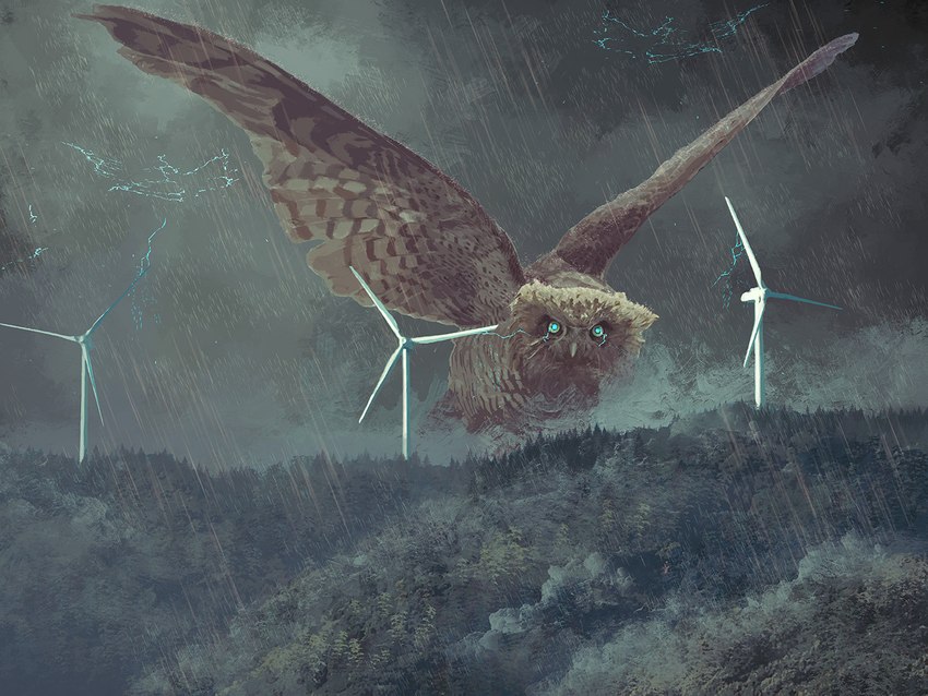 ambiguous_gender blue_eyes feral forest generator looking_at_viewer macro mountain plant raining size_difference solo storm thunder tree wings toy(e) avian bird owl 4:3