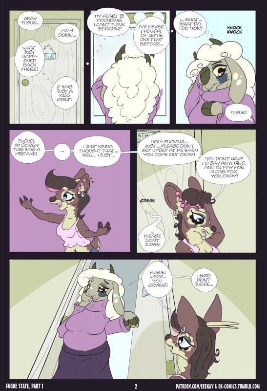 anthro blush bodily_fluids breasts clothing crying dialogue facial_piercing female fur hair piercing profanity ruining_makeup short skinny tears text eeekay fugue_(eeekay) lethe_(eeekay) bovid caprine deer domestic_sheep mammal new_world_deer pudu sheep 2018 comic digital_media_(artwork) english_text hi_res url