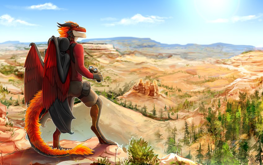 amazing_background anthro backpack binoculars biped bottomwear canyon clothing detailed_background digitigrade feathers forest fur jacket male membrane_(anatomy) membranous_wings multicolored_body orange_body orange_fur outside plant red_body red_clothing red_feathers red_jacket red_topwear scenery_porn shorts solo standing tail topwear tree wings sepiaflux european_mythology mythology sulfer dragon mythological_creature mythological_scalie scalie western_dragon 2023 detailed digital_media_(artwork) hi_res