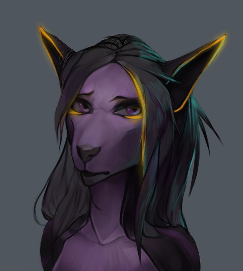 anthro black_nose brown_hair female fur glowing glowing_ears grey_background hair light markings purple_body purple_fur realistic_lighting realistic_shading simple_background solo yellow_markings akrolayn felid feline mammal 2020 bust_portrait digital_media_(artwork) digital_painting_(artwork) lighting portrait