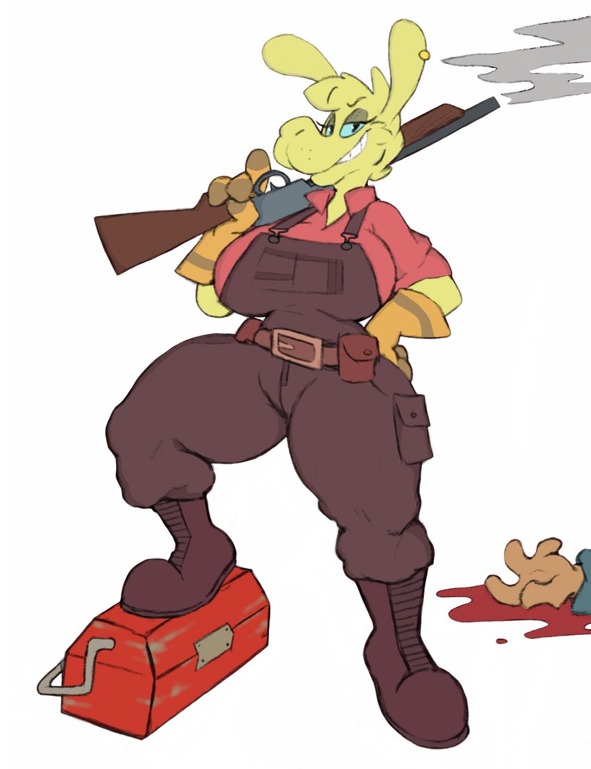 ambiguous_gender anthro big_breasts blood blue_eyes bodily_fluids boots breasts clothing ear_piercing female footwear gloves grin gun hand_on_hip handwear mechanic muscular muscular_thighs offscreen_character piercing pump_action pump_action_shotgun ranged_weapon shirt shoes shotgun simple_background smile smiling_at_viewer smug solo thick_thighs tool_belt toolbox topwear weapon weapon_on_shoulder delfucko goatonomous headbutterz team_fortress_2 valve engineer_(team_fortress_2) miss_b camelid llama mammal 2022 hi_res