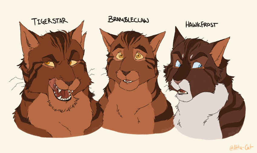 blue_eyes brown_body brown_eyes brown_fur feral fur group licking licking_lips looking_at_viewer looking_away male notched_ear open_mouth simple_background stripes teeth tongue tongue_out white_background white_body atta_catto conditional_dnp warriors_(book_series) brambleclaw_(warriors) hawkfrost_(warriors) tigerstar_(the_prophecies_begin) domestic_cat felid feline felis mammal tabby_cat digital_media_(artwork) flat_colors headshot_portrait portrait father_(lore) father_and_child_(lore) father_and_son_(lore) parent_(lore) parent_and_child_(lore) parent_and_son_(lore) son_(lore)