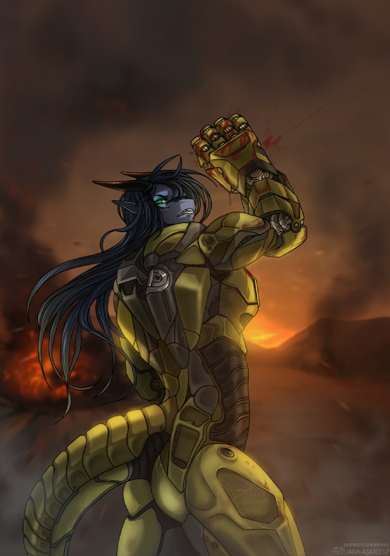 angry anthro armor blood blue_body blue_hair blue_scales bodily_fluids explosion female fire green_eyes hair long_hair machine power_armor scales smoke solo tail war eliana-asato mythology ena_(eliana) dragon mythological_creature mythological_scalie scalie 2017 hi_res