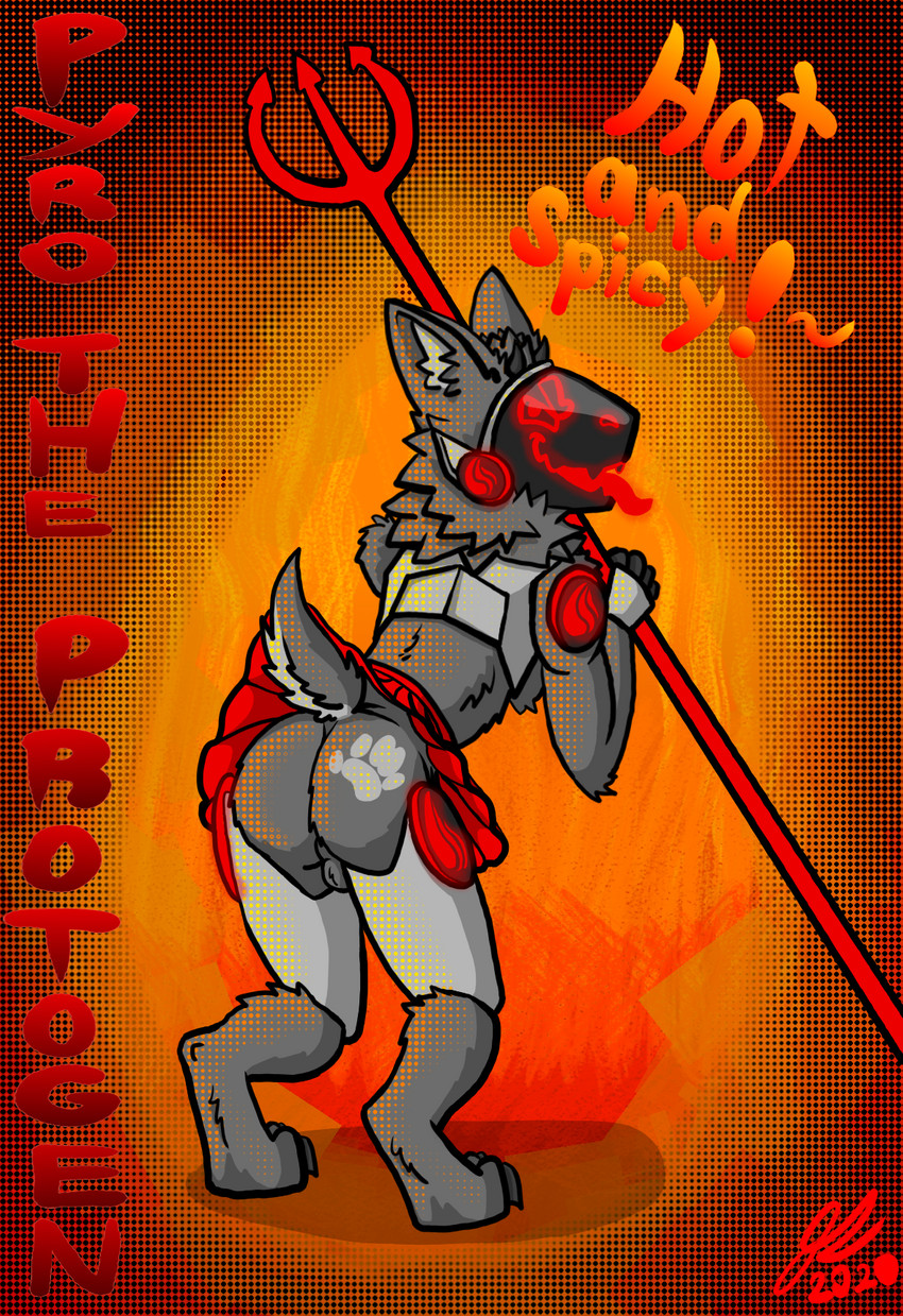 angry anterior_nasal_aperture anthro arm_markings backsack balls black_horn bottomwear butt butt_markings claws clothed clothing fire flame_markings fur genitals glowing glowing_eyes glowing_tongue gradient grey_body grey_fur hand_mark head_tuft holding_melee_weapon holding_object holding_polearm holding_trident holding_weapon horn inner_ear_fluff machine male markings melee_weapon neck_tuft perineum polearm presenting raised_bottomwear raised_clothing raised_skirt raised_tail red_bottomwear red_clothing red_skirt screen screen_face scut_tail short_tail simple_background skirt small_horn solo stippling symbol tail tail_under_skirt teeth text tongue trident tuft weapon alister_(art) pyro_the_protogen protogen cel_shading character_name hi_res model_sheet shaded signature