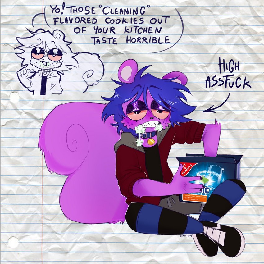 anthro blue_hair bodily_fluids clothed clothing drugs foaming_at_mouth footwear fur hair legwear male open_mouth purple_body purple_fur shoes simple_background sneakers soap solo stockings tail text toony hornigabl montyfox mammal rodent sciurid tree_squirrel 1:1 english_text hi_res