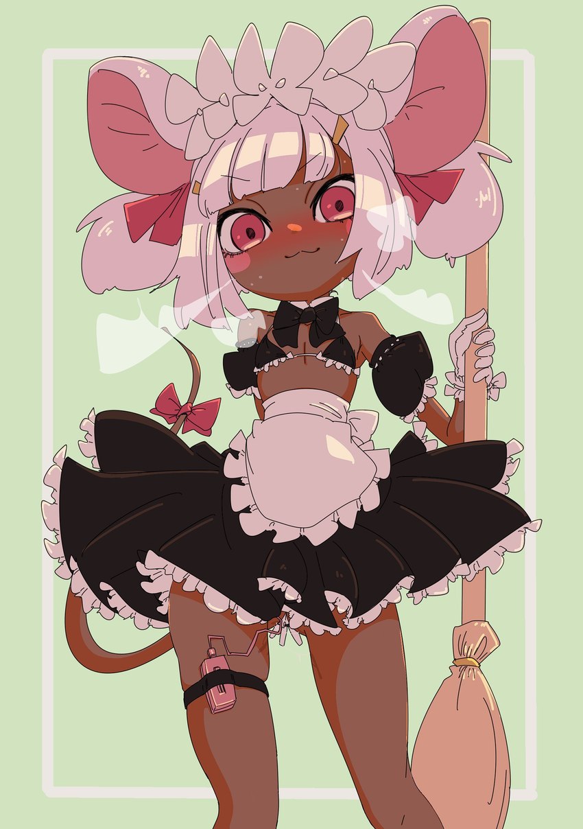 accessory anthro blush blush_stickers bodily_fluids bottomwear broom cleaning_tool clothing dark_body dark_skin female flat_chested furgonomics hair hair_accessory hairclip maid_headdress maid_uniform mouse_ears mouse_tail pink_eyes ribbons sex_toy skirt solo sweat sweatdrop tail tail_accessory tail_ribbon twintails_(hairstyle) uniform vibrator white_hair rakuda0330 mammal mouse murid murine rodent absurd_res hi_res