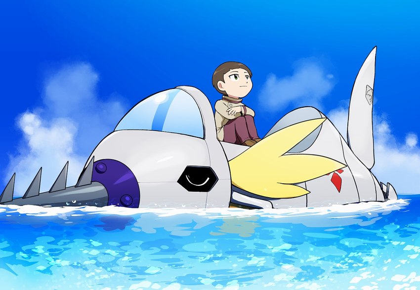 brown_hair duo hair machine male partially_submerged relaxing sea sitting vehicle water hsnkz809 bandai_namco digimon cody_hida digimon_(species) human living_machine living_vehicle mammal submarimon