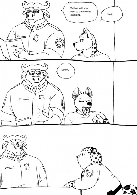 anthro badge clothing dialogue female group male notched_ear police police_uniform shoulder_patch text uniform bernielover disney zootopia becca_(bernielover) benjamin_clawhauser chief_bogo fan_character bovid bovine cape_buffalo cheetah felid feline hyena mammal spotted_hyena 2016 comic english_text hi_res monochrome