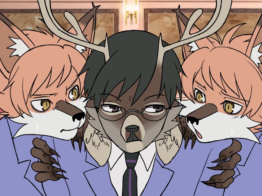 alternate_species anthro antlers bangs black_hair bodily_fluids brown_body brown_eyes brown_fur cheek_tuft claws clothed clothing dress_shirt eyewear facial_markings facial_tuft finger_claws fur furrification glasses group hair head_markings horn inner_ear_fluff kemono male markings necktie orange_body orange_fur orange_hair pointy_ears prick_ears pupils school_uniform shirt slit_pupils snout suit sweat topwear trio tuft uniform yellow_eyes dew-creek ouran_high_school_host_club hikaru_hitachiin kaoru_hitachiin kyoya_ootori canid canine deer fox mammal brother_(lore) sibling_(lore) twins_(lore)