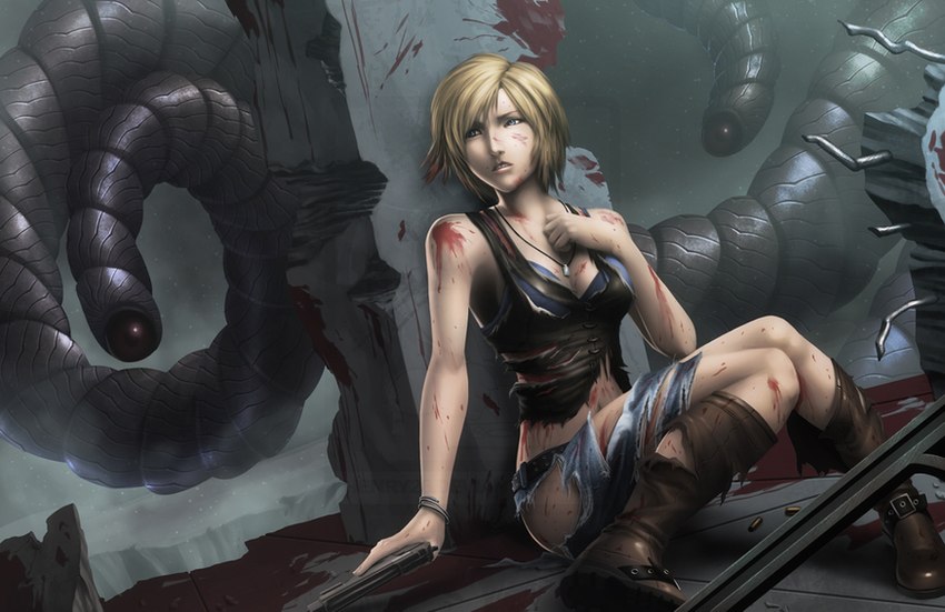 blood bodily_fluids boots breasts clothing duo female footwear gun jewelry knee_boots knee_highs legwear necklace not_furry ranged_weapon shoes tentacles torn_clothing weapon mahenbu parasite_eve aya_brea_(parasite_eve) human mammal monster neo-mitochondrial_creature_(parasite_eve) twisted_(parasite_eve)