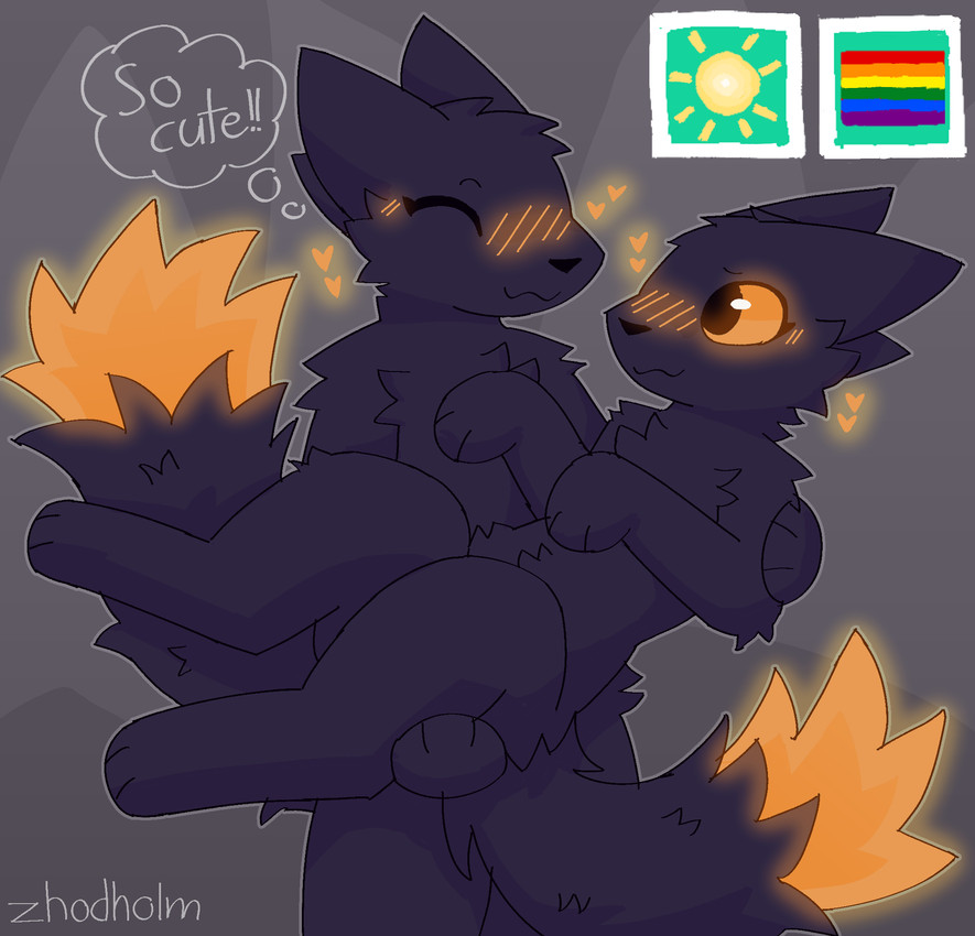 3_fingers 3_toes :3 ^_^ anthro arm_tuft big_ears black_body black_eyebrows black_eyes black_fur black_nose black_tail blush carrying_another carrying_partner cheek_tuft digitigrade dipstick_tail duo ears_back elbow_tuft eyebrows eyes_closed facial_tuft feet fingers fluffy fluffy_belly fluffy_chest fur gameplay_mechanics glowing_blush glowing_tail_tip grey_outline handpaw head_tuft heart_symbol hindpaw holding_another lgbt_pride looking_at_another looking_at_partner love male male/male markings moodles orange_blush orange_heart orange_sclera orange_tail_tip outline paws pivoted_ears pride_colors pupils rainbow_flag rainbow_pride_flag rainbow_symbol romantic romantic_couple shoulder_tuft slit_pupils smile snout sun_symbol tail tail_markings text thought_bubble toes tuft zhodholm casualties:_unknown canid canine expie_(gunsawian) fox gunsawian hybrid mammal murid murine rat rodent 2026 artist_name digital_drawing_(artwork) digital_media_(artwork) english_text hi_res portrait shaded watermark