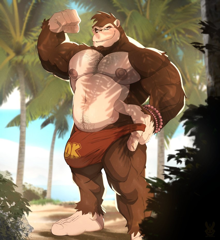 anthro biceps biped body_hair bracelet bulge chest_hair deltoids detailed_background fur jewelry looking_at_viewer male muscular muscular_anthro muscular_male nipples outside palm_tree pecs plant quads solo standing tree flufflecraft donkey_kong_(series) nintendo donkey_kong_(character) ape haplorhine mammal primate 2024 absurd_res digital_drawing_(artwork) digital_media_(artwork) hi_res