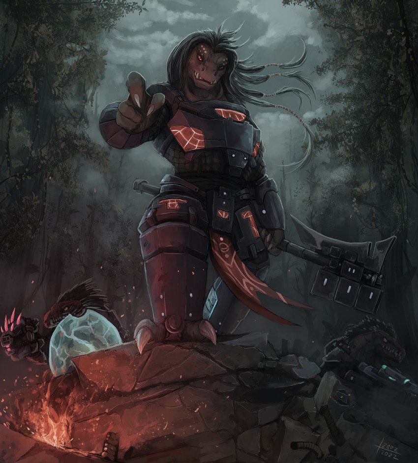 2_toes 3_fingers 4_fingers ambiguous_gender anthro armor black_hair body_armor bottomwear claws clothed clothing codpiece cuirass energy_shield fangs feet female finger_claws fingers fire forest forest_background gesture gravity_hammer group gun hair hand_gesture head_crest holding_gun holding_melee_weapon holding_object holding_ranged_weapon holding_weapon loincloth long_hair looking_at_viewer low-angle_view melee_weapon nature nature_background needler perspective plant pointing pointing_at_viewer raised_leg ranged_weapon rubble scales sky spines standing teeth toes tree trio tusks weapon yellow_eyes izrez halo_(series) microsoft xbox_game_studios alien ibie'shan jiralhanae kig-yar scalie colored hi_res shaded