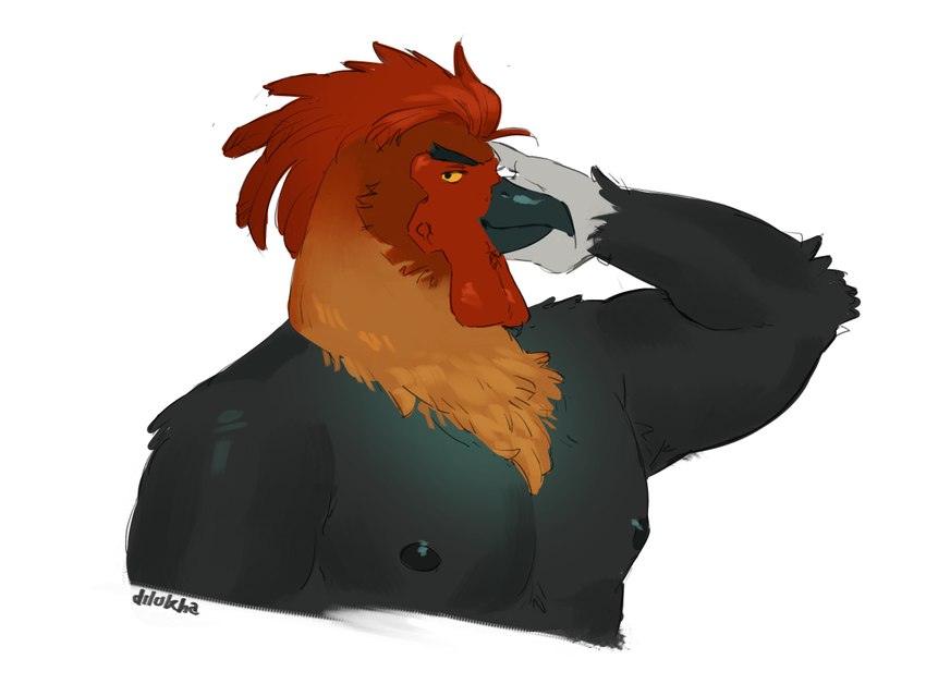 anthro avian_caruncle beak dewlap_(anatomy) feathers hand_on_head head_crest looking_at_viewer male muscular muscular_male nipples orange_body orange_feathers red_body red_feathers simple_background solo wattle nyaalgebra avian bird chicken galliform gallus_(genus) phasianid