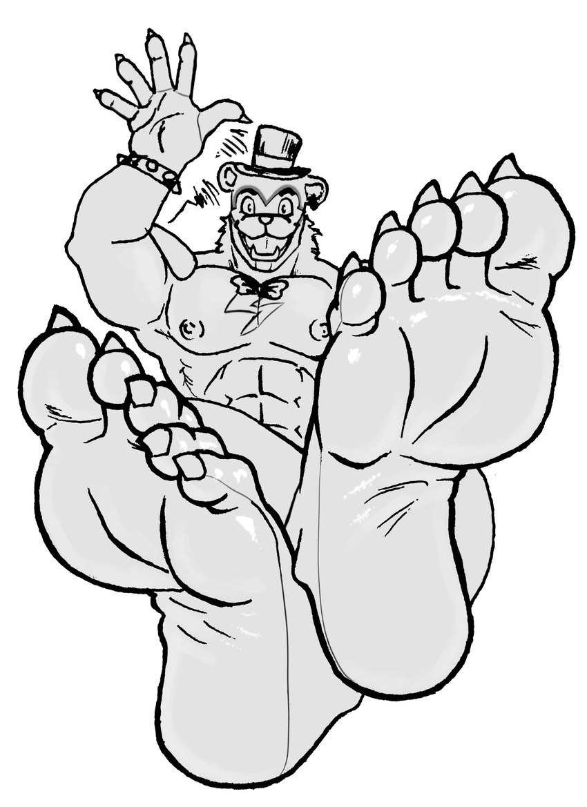 5_toes abs anthro claws feet foot_fetish foot_focus humanoid_feet looking_at_viewer male muscular muscular_male nipples nude plantigrade soles solo toe_claws toes y40ifan five_nights_at_freddy's five_nights_at_freddy's:_security_breach scottgames steel_wool_studios glamrock_freddy bear mammal absurd_res hi_res monochrome