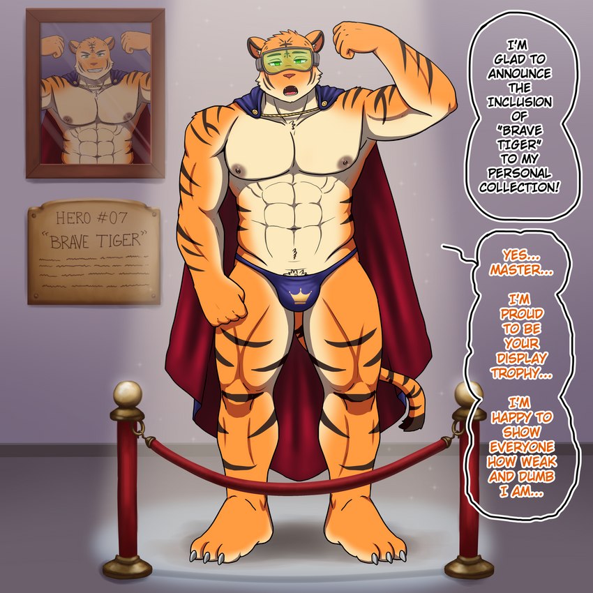 3_toes abs anthro biceps bulge cape claws clothing corruption dialogue english_honorific feet flexing framed_picture fur hashtag hero honorific humiliation hypnosis hypnotic_visor inside irregular_speech_bubble male mind_control muscular muscular_anthro muscular_male muscular_sub nipples number objectification on_display orange_body orange_fur outline_speech_bubble pecs plaque pose solo speech_bubble speedo stanchion statufication submissive swimwear text thong toe_claws toes underwear visor hypno_neet felid mammal pantherine tiger 1:1 2020 absurd_res digital_drawing_(artwork) digital_media_(artwork) english_text hi_res