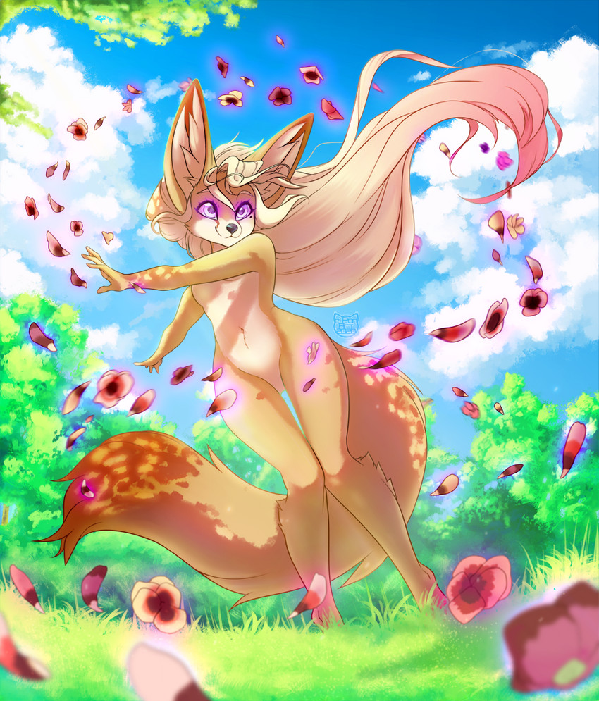 anthro big_ears black_nose breasts cloud featureless_breasts featureless_crotch feet female fur glowing glowing_eyes grass hair long_hair markings mole_(marking) multicolored_body nude outside petals plant psychic purple_eyes sky smile solo standing tan_body tan_fur telekinesis tree white_body white_fur e-pon kyuro canid canine fennec_fox fox mammal true_fox