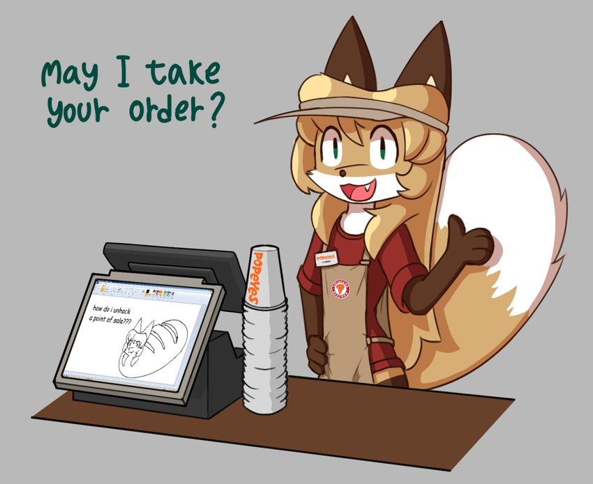 anthro apron brown_body brown_fur cashier clothing dipstick_tail female female_anthro fur furniture gloves_(marking) green_eyes hair hand_on_hip hat headgear headwear leg_markings looking_at_viewer markings simple_background socks_(marking) solo table tail tail_markings text white_body white_fur aigsaft conditional_dnp popeyes averi_(fiddleafox) canid canine fox mammal english_text grandfathered_content