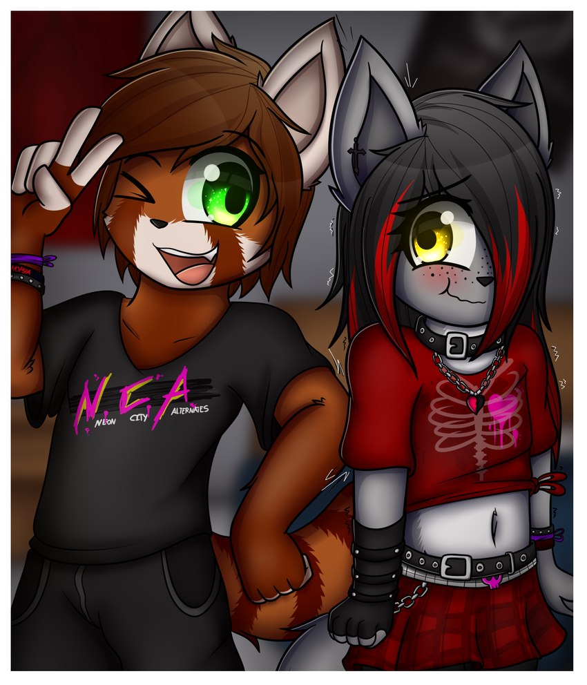 alternative_fashion anthro blush border countershading duo emo female male midriff navel text white_border young young_anthro dream_mirage axel_biersack kayla_kitsune ailurid canid canine canis fox hybrid mammal red_panda wolf hi_res story