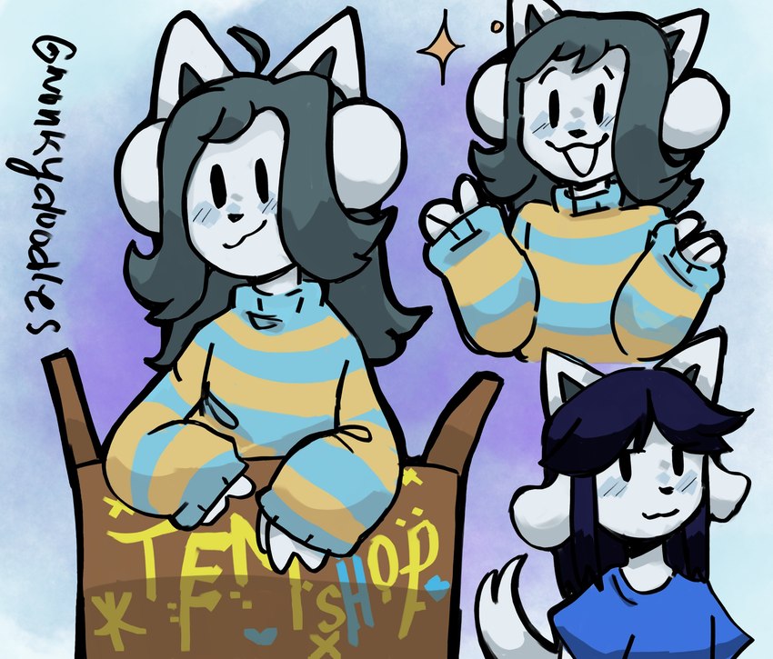 ambiguous_gender anthro blush clothed clothing fur hair happy long_sleeve_shirt long_sleeves open_mouth shirt simple_background solo text topwear white_body wonkydoodles undertale undertale_(series) bob_(undertale) temmie_(undertale) canid canine felid feline mammal tem absurd_res hi_res