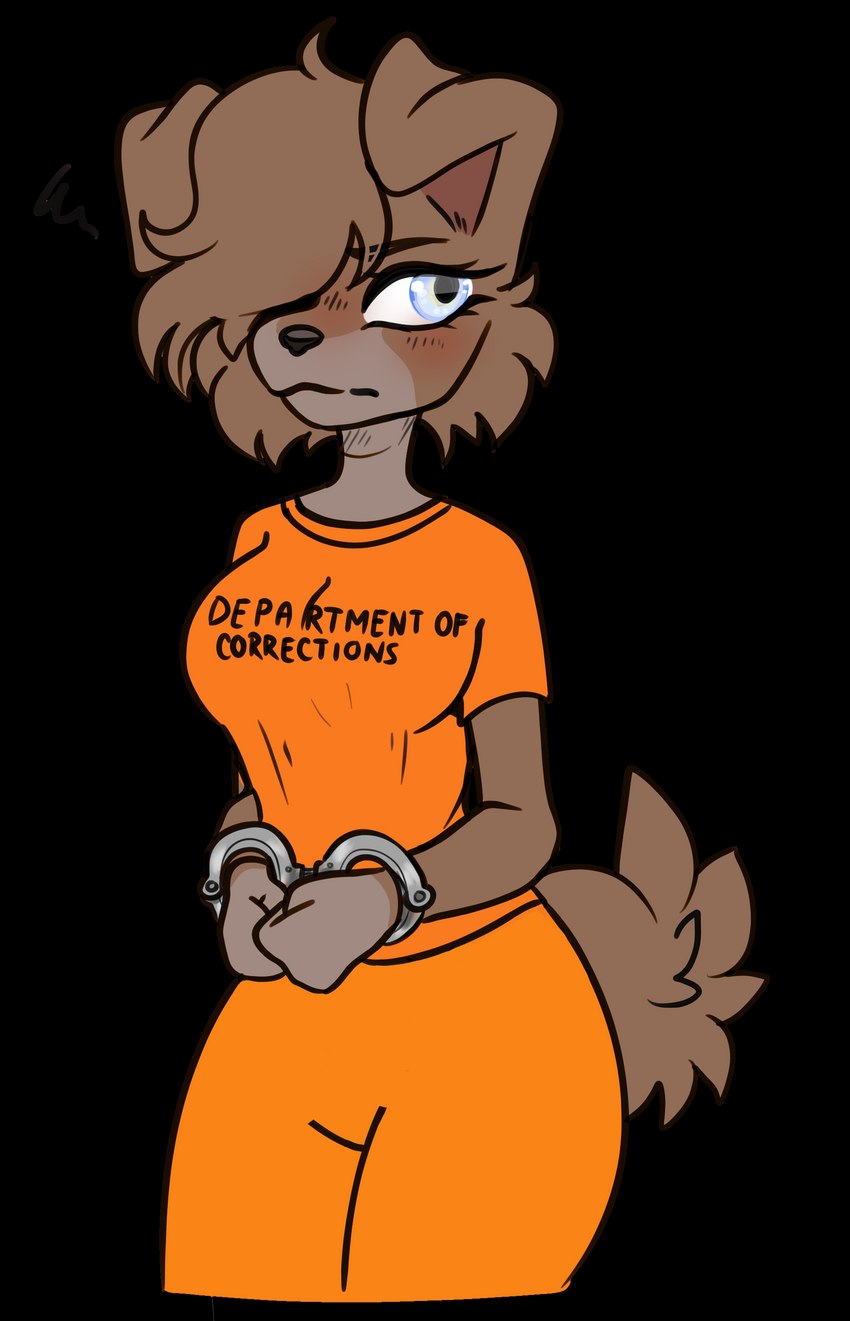 annoyed anthro arrested bangs big_breasts blue_eyes blush breasts brown_body brown_fur brown_hair brown_tail clothed clothing cuff_(restraint) female fluffy fluffy_tail fully_clothed fur furgonomics hair handcuffed handcuffs long_bangs looking_aside metal_cuffs one_eye_obstructed orange_clothing orange_jumpsuit prison_uniform prisoner restraints simple_background solo tail tail_clothing text transparent_background katanagirl chloe_(potato565) canid canine canis domestic_dog mammal pomeranian spitz absurd_res alpha_channel english_text hi_res portrait three-quarter_portrait