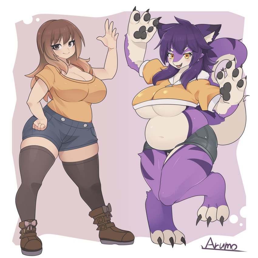 anthro big_breasts black_clothing black_legwear black_thigh_highs boots bottomwear breasts brown_eyes brown_hair cleavage clothed clothing denim denim_bottomwear denim_clothing denim_shorts duo female female_anthro female_human footwear hair legwear long_hair mouth_closed navel open_mouth overweight overweight_anthro overweight_female purple_hair shoes shorts slightly_chubby slightly_chubby_anthro slightly_chubby_human smile thigh_highs under_boob arumo tsukiyo human mammal unknown_species 1:1 hi_res