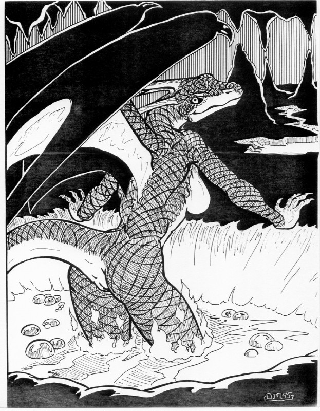 anthro anus breasts bubble cave feet female fire genitals horn lava lava_pool looking_back membrane_(anatomy) membranous_wings non-mammal_breasts pussy raised_tail solo spread_wings tail tail_anus talons toes wings oscar_marcus mythology dragon firedrake mythological_creature mythological_scalie scalie 1995 greyscale monochrome