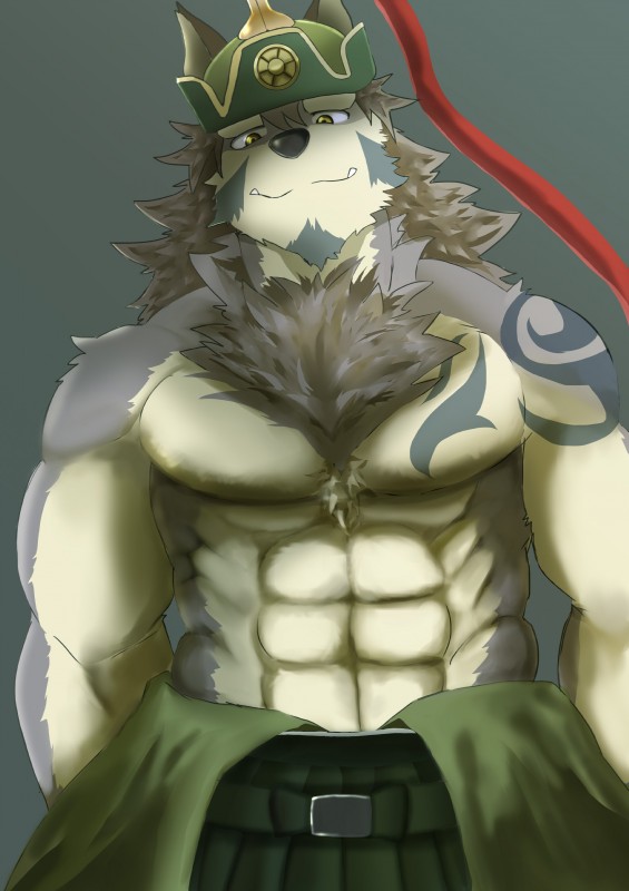 abs anthro biceps clothing fur kemono male mongolian mongolian_clothing multicolored_body muscular muscular_anthro muscular_male pecs solo tattoo white_body white_fur kemokemo0924 lifewonders tokyo_afterschool_summoners temujin_(tas) canid canine canis mammal wolf 2017 absurd_res hi_res