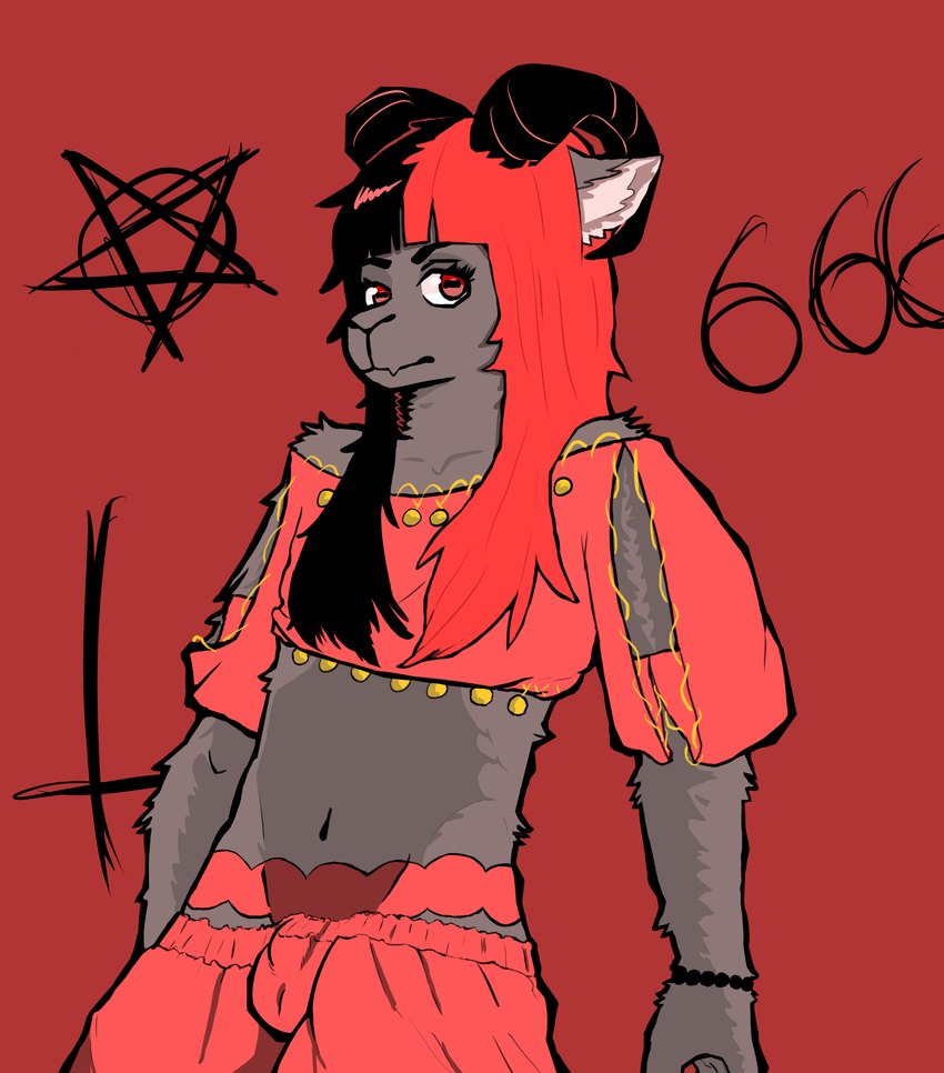 alternative_fashion anthro clothing cross femboy front_view goth harem_outfit inverted_cross inverted_pentacle male occult_symbol pentacle red_clothing red_eyes satanic solo symbol tryedge30 bovid caprine demon goat mammal absurd_res digital_media_(artwork) half-length_portrait hi_res portrait red_theme