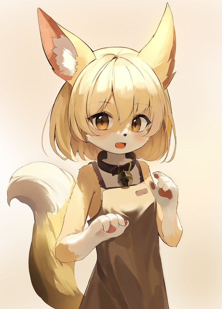 4_fingers anthro bell blonde_hair blush breasts claws collar cute_fangs dipstick_tail fangs female female_anthro finger_claws fingers fur gloves_(marking) hair inner_ear_fluff jingle_bell kemono looking_at_viewer markings open_mouth pawpads short_hair small_breasts solo tail tail_markings tan_eyes teeth tongue tuft white_body white_fur yellow_body yellow_fur koooooooya_2 canid canine fox mammal 2023 absurd_res digital_media_(artwork) half-length_portrait hi_res portrait