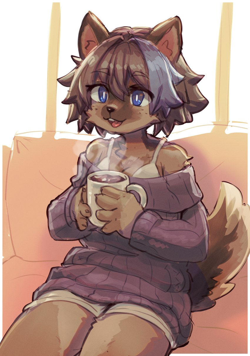 anthro bottomwear bra bra_strap breasts clothed clothing container cup female female_anthro fur hair happy holding_container holding_cup holding_object kemono multicolored_body multicolored_fur multicolored_hair open_mouth short_hair shorts shoulderless_shirt shoulderless_sweater sitting solo sweater tail tongue topwear underwear hanadaiteol canid canine canis domestic_dog mammal 2022 digital_media_(artwork) hi_res