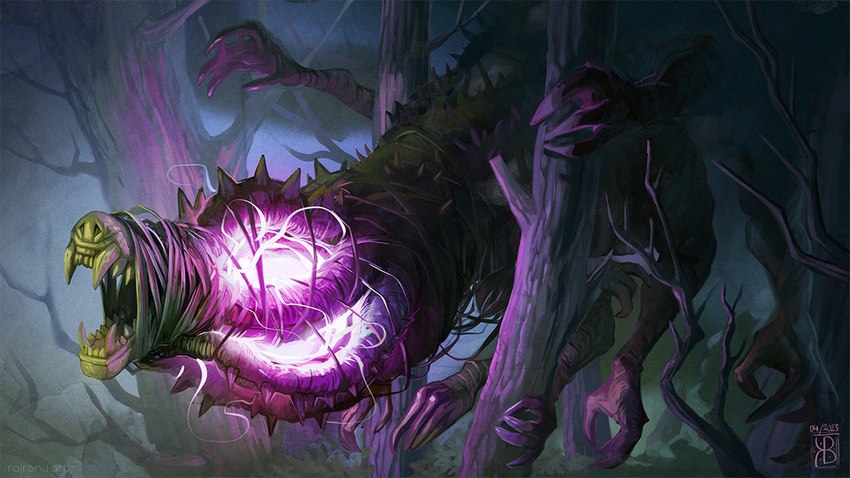 ambiguous_gender fangs feral fog forest glowing glowing_body grey_body horror_(theme) night open_mouth plant purple_glow sharp_teeth snout solo spikes spikes_(anatomy) teeth tree twig raironu monster 16:9 2023 hi_res widescreen