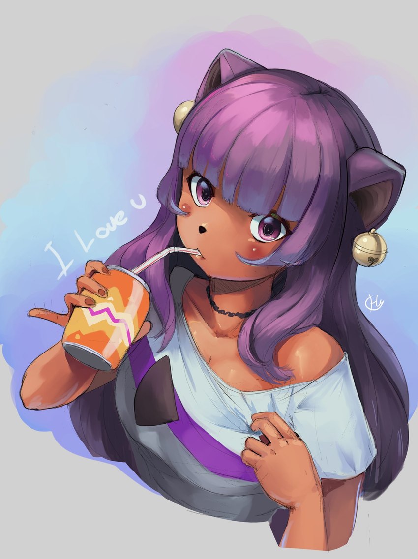 anthro bell beverage black_nose breasts brown_body cleavage clothed clothing demisexual_pride_colors drinking female hair holding_beverage holding_object lgbt_pride pride_color_clothing pride_color_shirt pride_color_topwear pride_colors purple_eyes purple_hair shirt solo t-shirt topwear hawtmoon chimiko domestic_cat felid feline felis mammal 2021 hi_res