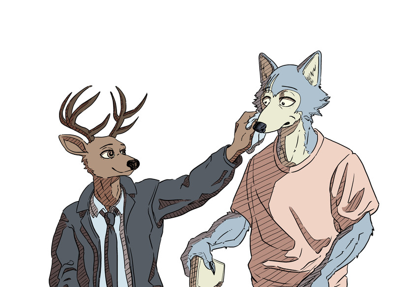 anthro antlers clothed clothing duo eating food horn jacket looking_at_another male napkin necktie open_clothing open_jacket open_topwear sandwich_(food) scar shirt simple_background smile topwear white_background wiping_mouth ffog beastars legoshi_(beastars) louis_(beastars) canid canine canis cervine deer mammal red_deer wolf 2021 absurd_res hi_res